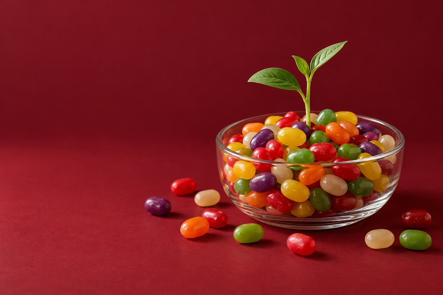 A fresh green seedling growing from a glass bowl of colorful jelly beans